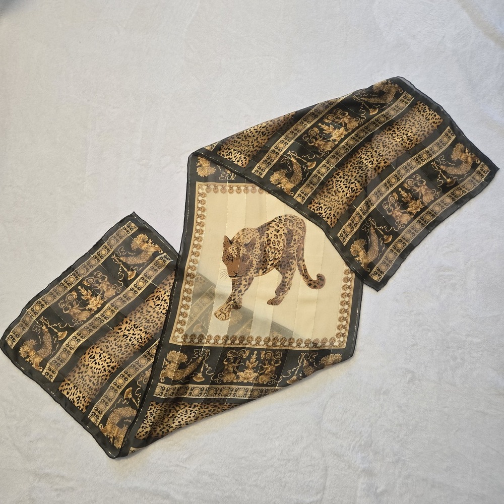 J&X NY Silk Scarf Leopard Safari Animal Elegant 62 X 15 Black Gold Brown Sheer